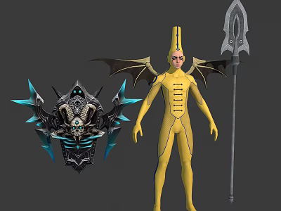 Fantasy Winged Creature In Yellow Costume With Black Armor And Spear 3d model
