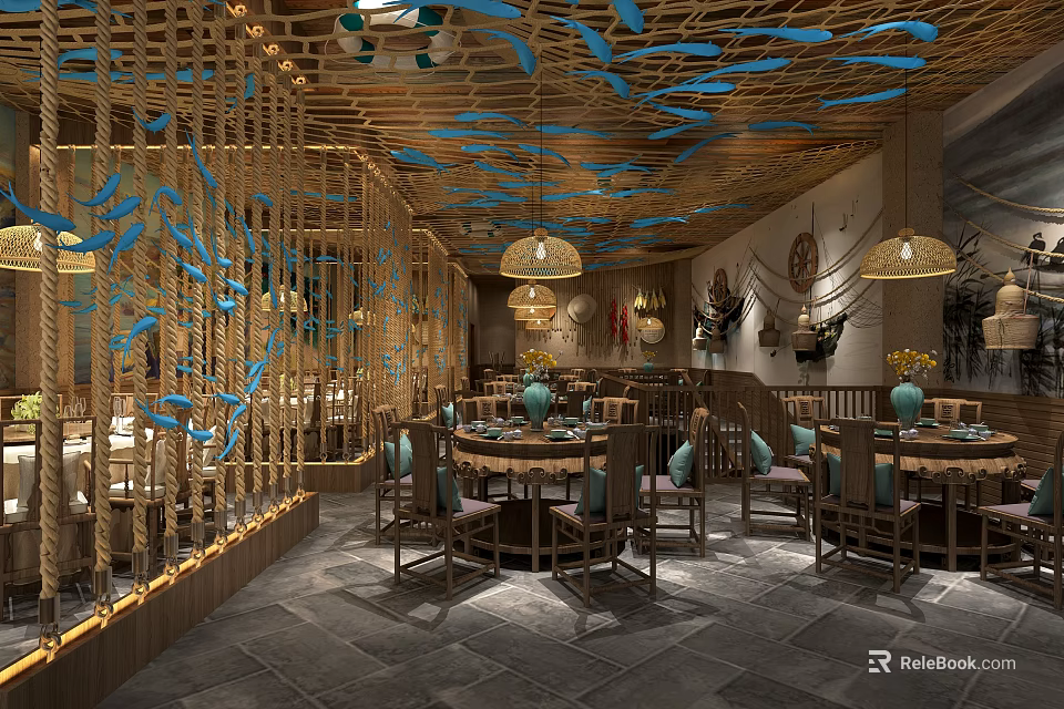 Elegant Restaurant Interior With Wooden Decor Blue Accents Pendant Lights And Round Tables 3d model 