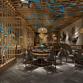 Elegant Restaurant Interior With Wooden Decor Blue Accents Pendant Lights And Round Tables