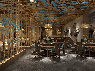 Elegant Restaurant Interior With Wooden Decor Blue Accents Pendant Lights And Round Tables 3d model