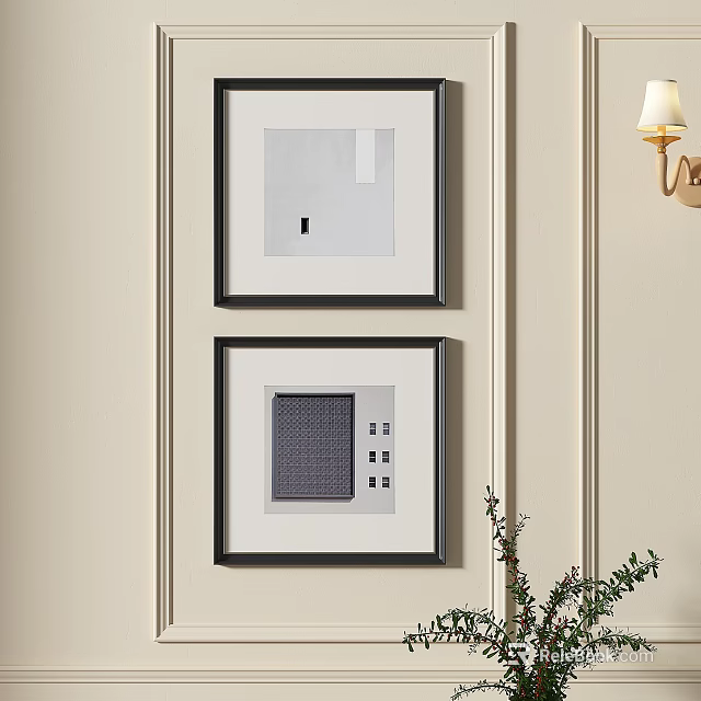 Modern Abstract Paintings Framed On Wall With Interior Decoration Plants And Lamp 3d model 