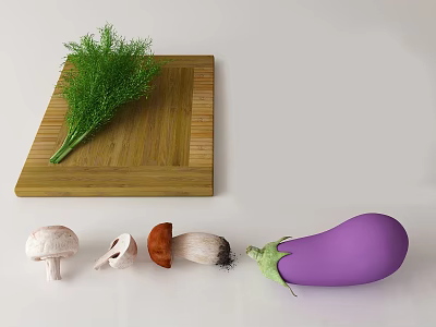 Fresh Assorted Vegetables Including Fennel Mushrooms and Eggplant on Wooden Cutting Board 3d model