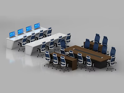Modern Conference Room Interior Setup With Long Wooden Table Blue Office Chairs And Computer Monitors 3d model