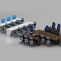 Modern Conference Room Interior Setup With Long Wooden Table Blue Office Chairs And Computer Monitors