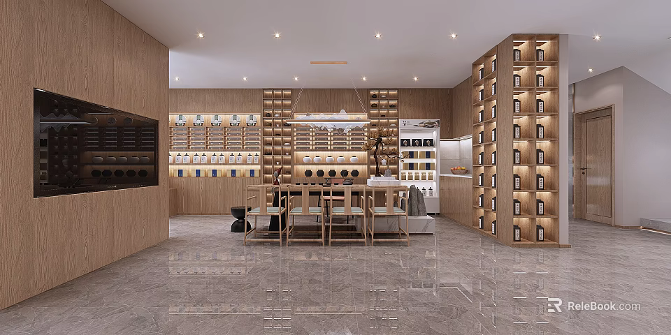 Modern Tea House Interior With Wooden Shelves Tea Display And Seating Area 3d model 