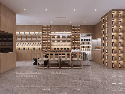 Modern Tea House Interior With Wooden Shelves Tea Display And Seating Area 3d model