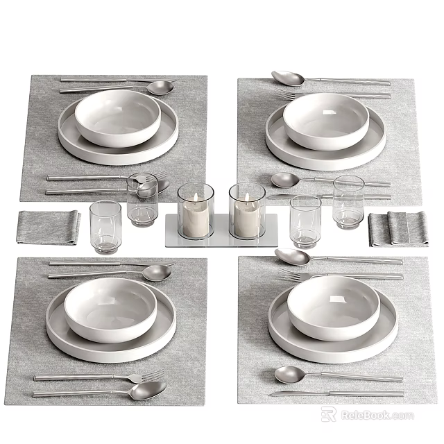 4 Place Setting White Ceramic Tableware Set With Bowls Plates Spoons Chopsticks Glasses And Napkins 3d model 