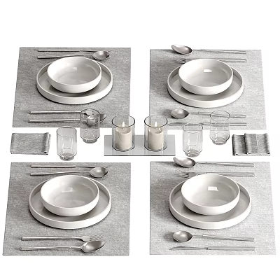 4 Place Setting White Ceramic Tableware Set With Bowls Plates Spoons Chopsticks Glasses And Napkins 3d model