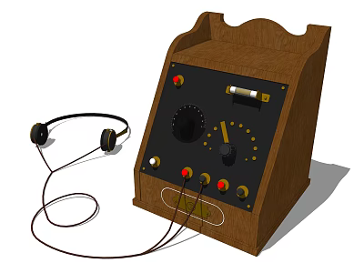 Vintage Wooden Audio Equipment with Headphones Control Panel Knobs and Indicator Lights 3d model
