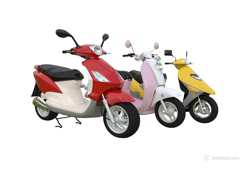 Three Colorful Motor Scooters in Red Pink and Yellow on White Background 3d model 