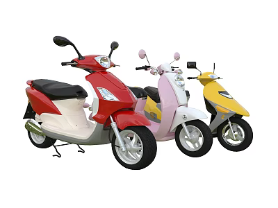 Three Colorful Motor Scooters in Red Pink and Yellow on White Background 3d model