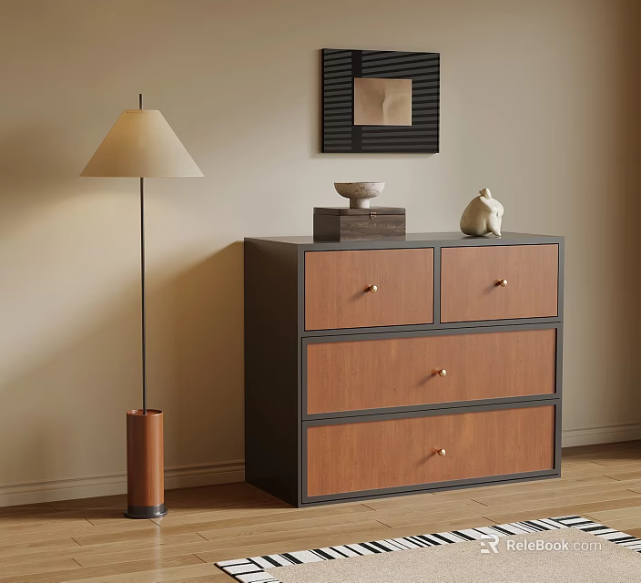 Modern Entryway Cabinet Sideboard With Wooden Drawers Decorative Items Floor Lamp And Wall Decor 3d model 
