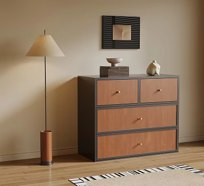 Modern Entryway Cabinet Sideboard With Wooden Drawers Decorative Items Floor Lamp And Wall Decor 3d model