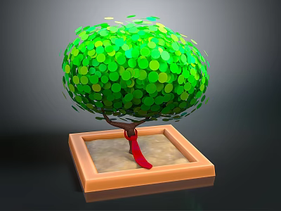 Cartoon Scene Of Tree With Green Circular Leaves Red Trunk Square Wooden Base And Sand 3d model
