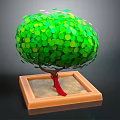 Cartoon Scene Of Tree With Green Circular Leaves Red Trunk Square Wooden Base And Sand