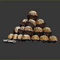 Chocolate Truffles Pyramid Stack With Powdered Sugar Topping On Shiny Tray Dark Background