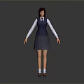 A Woman in School Uniform Wearing White Shirt Dark Blue Vest and Gray Pleated Skirt