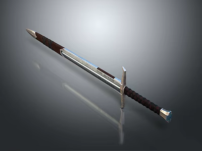 Detailed Medieval Sword Weapon Featuring Polished Metal Blade And Wrapped Brown Hilt 3d model