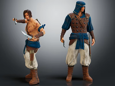 Two Male Warrior Characters With Daggers Swords Blue Cloth Brown Armor White Pants 3d model