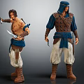 Two Male Warrior Characters With Daggers Swords Blue Cloth Brown Armor White Pants
