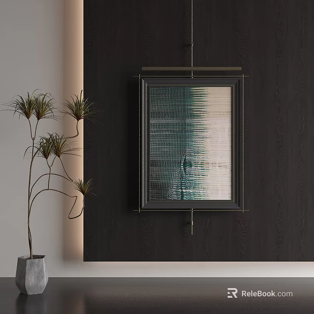 Abstract Painting With Black Frame On Dark Wooden Wall And Potted Plant 3d model 