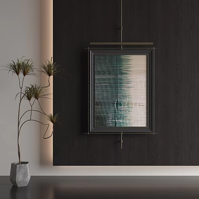 Abstract Painting With Black Frame On Dark Wooden Wall And Potted Plant 3d model