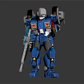 Blue Robot Character Wearing White Helmet With Back Wheels And Weapon