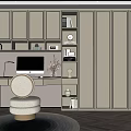 Elegant Study Room Interior With Light Gray Cabinets Desk Computer Round Chair And Bookshelf 3d model