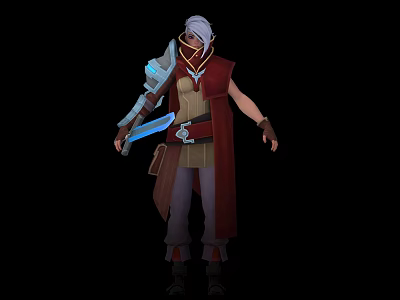 Game Movie Character Wearing Red Robe Headscarf And Holding Blue Glowing Sword With Mechanical Arm 3d model