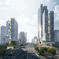 Modern Urban Landscape With Tall Buildings Wide Road Vehicles And Trees