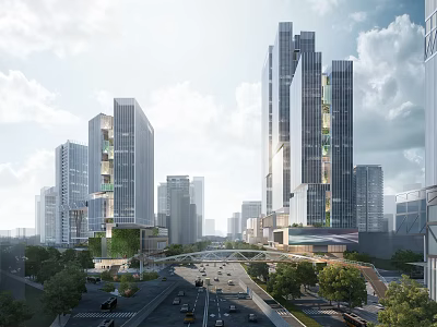 Modern Urban Landscape With Tall Buildings Wide Road Vehicles And Trees 3d model