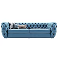 Elegant Blue Leather Two Seater Sofa With Tufted Design And Patterned Pillows 3d model