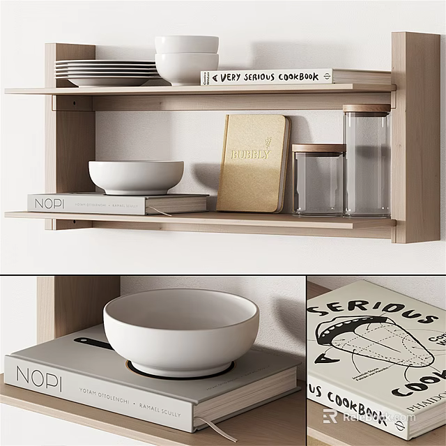 Minimalist Modern Decorative Ornament Set On Wooden Shelf With White Bowl Glass Jar And Books 3d model 