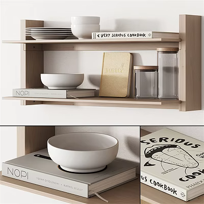 Minimalist Modern Decorative Ornament Set On Wooden Shelf With White Bowl Glass Jar And Books 3d model