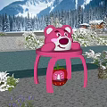 Pink Bear Shaped Chair With Red Strawberry Decoration In Snowy Mountain Forest Scene