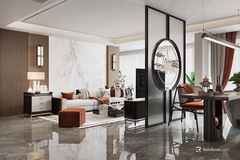 Modern Living Dining Room Interior With Marble Wall Black Screen Sofa And Orange Accents 3d model 