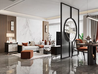 Modern Living Dining Room Interior With Marble Wall Black Screen Sofa And Orange Accents 3d model
