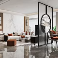 Modern Living Dining Room Interior With Marble Wall Black Screen Sofa And Orange Accents