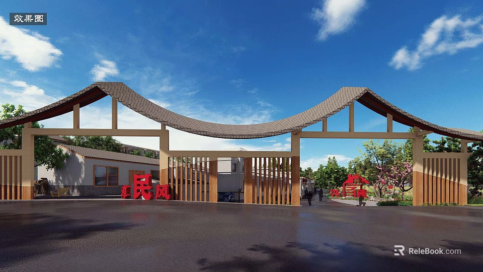 Traditional Chinese Wooden Entrance Gate With Curved Roof And Green Plants In Residential Area 3d model 