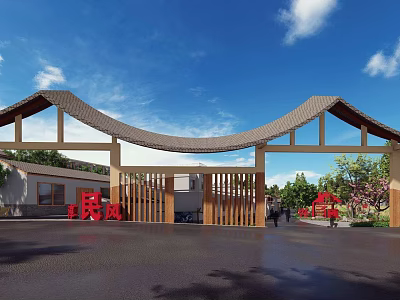 Traditional Chinese Wooden Entrance Gate With Curved Roof And Green Plants In Residential Area 3d model