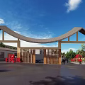 Traditional Chinese Wooden Entrance Gate With Curved Roof And Green Plants In Residential Area