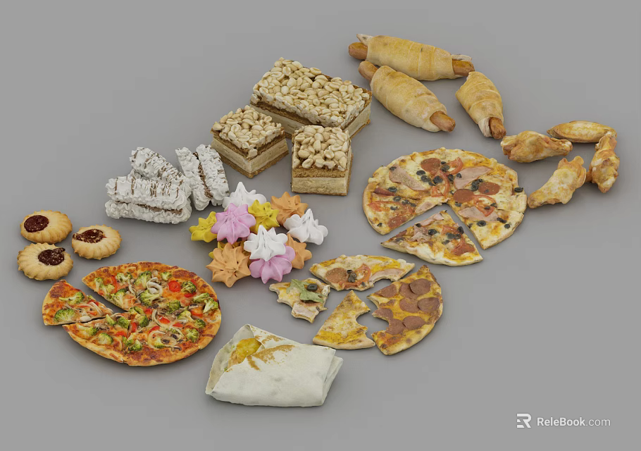 Assorted Delicious Foods Display Including Pizza Bread Cookies And Sweet Desserts 3d model 