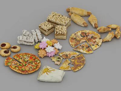 Assorted Delicious Foods Display Including Pizza Bread Cookies And Sweet Desserts 3d model