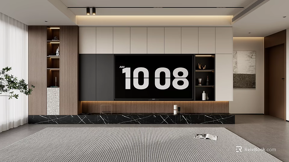 Modern TV Wall Unit With White And Dark Panels Marble Base And Open Shelves 3d model 