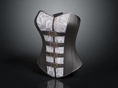 Elegant Black And White Corset With Floral Pattern And Metal Buckles 3d model