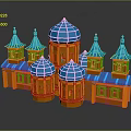 Ancient Architecture With Orange Main Structure Blue Domes Spires And Windows Design