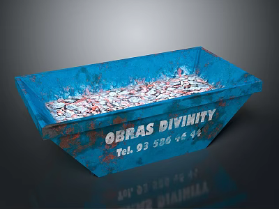 Rustic Blue Metal Container With Obras Divinity Text And Debris Inside 3d model