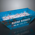 Rustic Blue Metal Container With Obras Divinity Text And Debris Inside