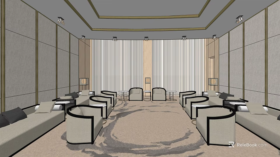 Elegant Modern Hotel Public Lounge Interior With Circular Carpet Sofas And Curtains 3d model