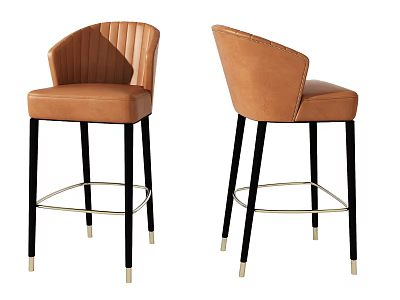 Modern Brown Leather Bar Stools With Upholstered Backrest Black Metal Legs Gold Accents 3d model